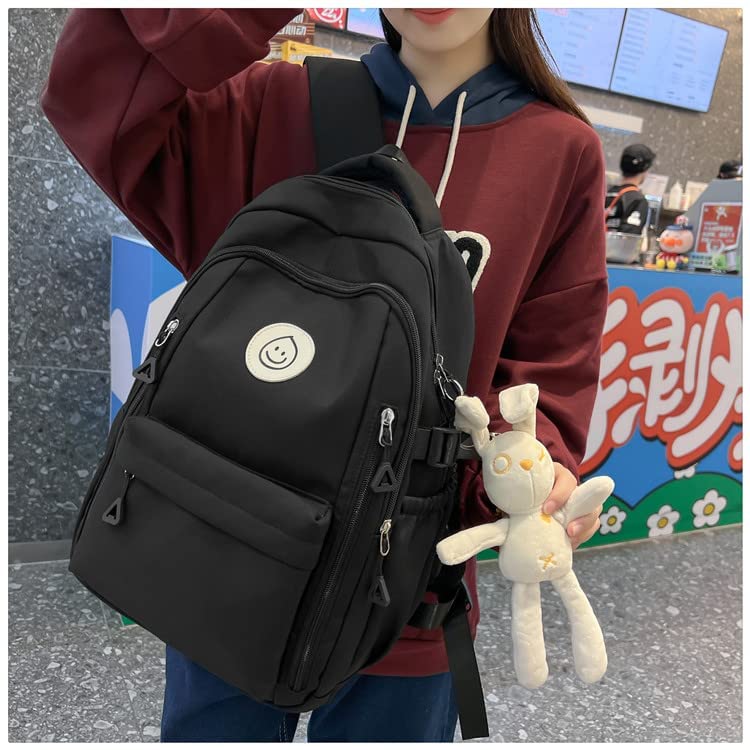 Preppy Backpack Smiling Face with Bunny Plush Cute Aesthetic Backpack Preppy Stuff Kawaii Accessories Korean College Style (Black,One Size)
