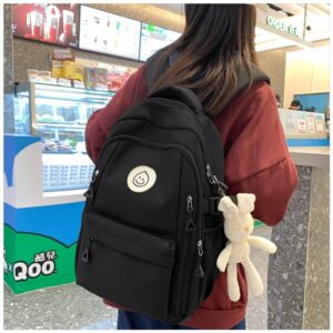 Preppy Backpack Smiling Face with Bunny Plush Cute Aesthetic Backpack Preppy Stuff Kawaii Accessories Korean College Style (Black,One Size)