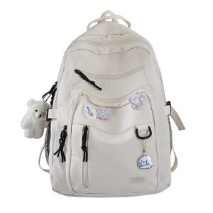 sumleno cute aesthetic backpack, waterproof nylon preppy backpack with kawaii pins and plush accessories laptop backpack (white,one size)
