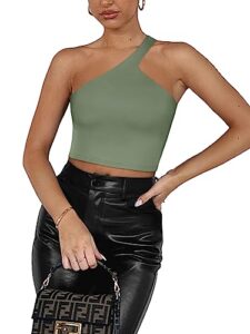 reoria summer sexy casual one shoulder double lined seamless backless sleeveless cropped tank going out trendy cute crop tops dark green medium