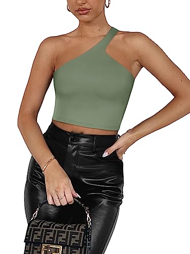 REORIA Summer Sexy Casual One Shoulder Double Lined Seamless Backless Sleeveless Cropped Tank Going Out Trendy Cute Crop Tops Dark Green Medium