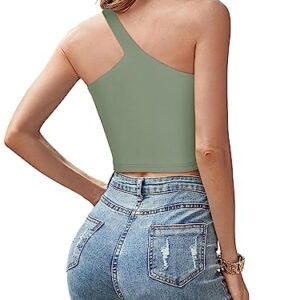 REORIA Summer Sexy Casual One Shoulder Double Lined Seamless Backless Sleeveless Cropped Tank Going Out Trendy Cute Crop Tops Dark Green Medium