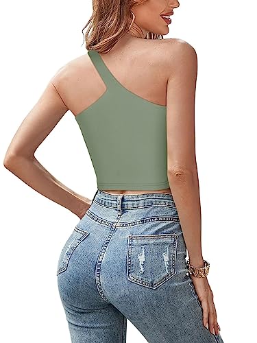 REORIA Summer Sexy Casual One Shoulder Double Lined Seamless Backless Sleeveless Cropped Tank Going Out Trendy Cute Crop Tops Dark Green Medium