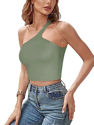 REORIA Summer Sexy Casual One Shoulder Double Lined Seamless Backless Sleeveless Cropped Tank Going Out Trendy Cute Crop Tops Dark Green Medium