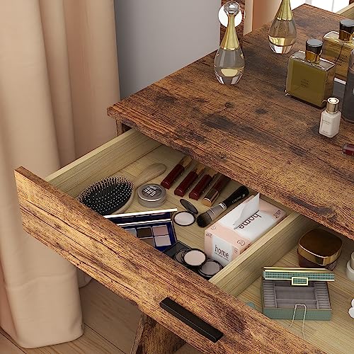 Vanity Desk with Mirror and Lights, Vanity Set Makeup Vanity Table with Adjustable Lights One Drawer Storage Makeup Table with Stool Vanity Desk for Bedroom (Brown)