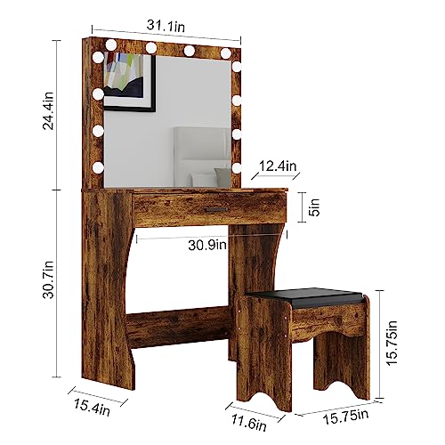 Vanity Desk with Mirror and Lights, Vanity Set Makeup Vanity Table with Adjustable Lights One Drawer Storage Makeup Table with Stool Vanity Desk for Bedroom (Brown)