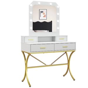 vanity table with lighted mirror, modern makeup vanity table with 10 lights makeup desk 4 drawer storage dressing table for bedroom (white)
