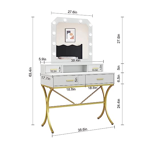 Vanity Table with Lighted Mirror, Modern Makeup Vanity Table with 10 Lights Makeup Desk 4 Drawer Storage Dressing Table for Bedroom (White)