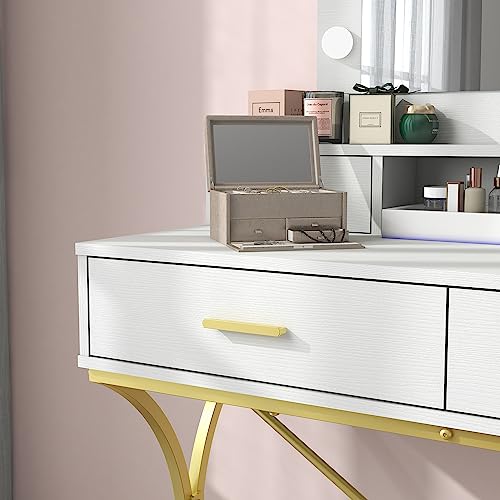 Vanity Table with Lighted Mirror, Modern Makeup Vanity Table with 10 Lights Makeup Desk 4 Drawer Storage Dressing Table for Bedroom (White)