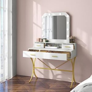 Vanity Table with Lighted Mirror, Modern Makeup Vanity Table with 10 Lights Makeup Desk 4 Drawer Storage Dressing Table for Bedroom (White)