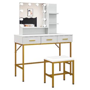 vanity table with lighted mirror, 3 drawers makeup desk dressing table with lots storage vanity set with wider cushioned stool for bedroom (white)