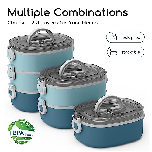 KHOXU Bento Lunch Box, Stackable 3 Layers Bento Box Adult Lunch Box, 94OZ Large Capacity Lunch Containers, Lunch Box Kids with Accessories Kit , Leak-Proof, Food-Safe Materials,Blue