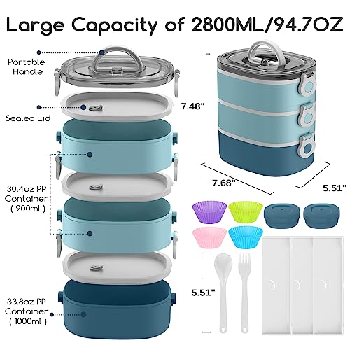 KHOXU Bento Lunch Box, Stackable 3 Layers Bento Box Adult Lunch Box, 94OZ Large Capacity Lunch Containers, Lunch Box Kids with Accessories Kit , Leak-Proof, Food-Safe Materials,Blue