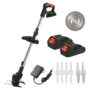 karlak cordless grass trimmer weed wacker 21v weed-wacking hine with lcd s n weight adjustable height metal cutting blade for garden and yard bush mowing grass lawn pruning - 2 batteries