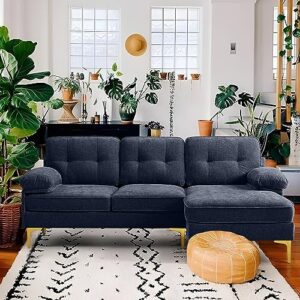 YuuYee 82" Modern Sofa, L Shaped Sofa Couch Convertible, Chenille Small Sectional Sofa, Sofa with Chaise Mid-Modern Century Couch with Removable and Washable Cushions (Navy)