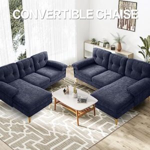 YuuYee 82" Modern Sofa, L Shaped Sofa Couch Convertible, Chenille Small Sectional Sofa, Sofa with Chaise Mid-Modern Century Couch with Removable and Washable Cushions (Navy)