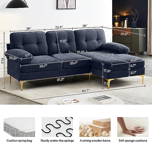 YuuYee 82" Modern Sofa, L Shaped Sofa Couch Convertible, Chenille Small Sectional Sofa, Sofa with Chaise Mid-Modern Century Couch with Removable and Washable Cushions (Navy)