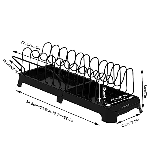 Hikinlichi Pot Lids Holders Expandable Pans Organizers Racks Cutting Board Racks Bakeware Platters Dishes Storage Stand 12 Adjustable Compartments Kitchen Countertop Pantry Cabinet Under Sink,Black