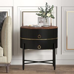 o&k furniture black round side table for living room, modern end table with 2 drawers, metal legs nightstand for bedroom, black & brown