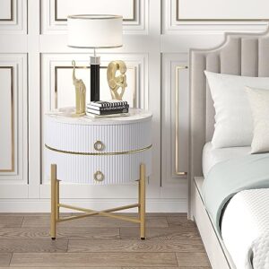 O&K FURNITURE White Round Side Table for Living Room, Marble End Table with 2 Drawers, Modern Nightstand with Metal Legs for Bedroom, White & Gold