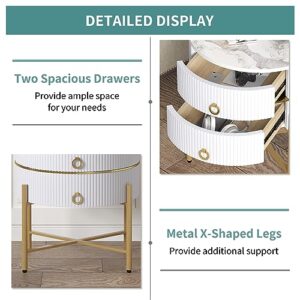 O&K FURNITURE White Round Side Table for Living Room, Marble End Table with 2 Drawers, Modern Nightstand with Metal Legs for Bedroom, White & Gold