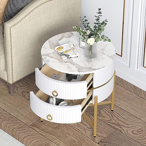 O&K FURNITURE White Round Side Table for Living Room, Marble End Table with 2 Drawers, Modern Nightstand with Metal Legs for Bedroom, White & Gold
