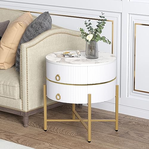 O&K FURNITURE White Round Side Table for Living Room, Marble End Table with 2 Drawers, Modern Nightstand with Metal Legs for Bedroom, White & Gold