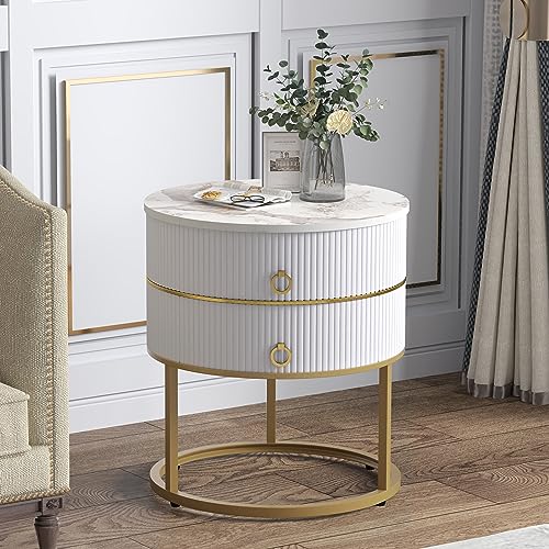 O&K FURNITURE Marble End Table with Storage, Round Nightstand with Drawer, White and Gold Side Table Metal Legs for Bedroom Living Room, Bedside Table Furniture, Marbling Natural Stone