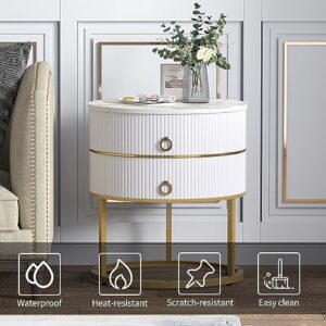 O&K FURNITURE Marble End Table with Storage, Round Nightstand with Drawer, White and Gold Side Table Metal Legs for Bedroom Living Room, Bedside Table Furniture, Marbling Natural Stone