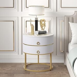 O&K FURNITURE Marble End Table with Storage, Round Nightstand with Drawer, White and Gold Side Table Metal Legs for Bedroom Living Room, Bedside Table Furniture, Marbling Natural Stone