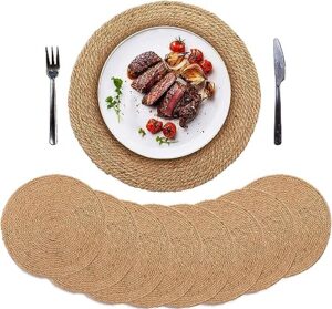 defined deco round jute placemats set of 8,12" handmade round placemats,woven braided placemats,natural farmhouse place mats,jute thick hot pads,rustic table mats for dining table decor,home,wedding.