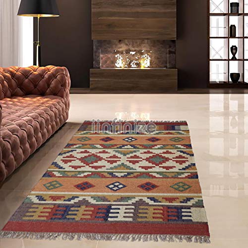 iinfinize Handwoven Wool Jute Rug Runner for Living Room Carpet Dhurrie Kilim Reversible Mat Floor Carpet Area Rug Runner 3x5 Feet