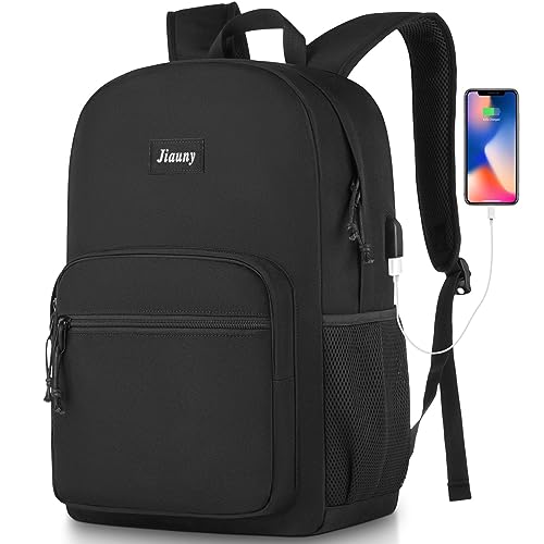 Jiauny 17 Inch School Backpack,Classic Lightweight Bookbag Scoolbag with USB Charging Port for High School Teens College Students Work Office Adult,Black