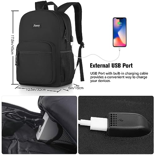 Jiauny 17 Inch School Backpack,Classic Lightweight Bookbag Scoolbag with USB Charging Port for High School Teens College Students Work Office Adult,Black