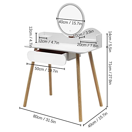 Vanity Desk with Lighted Mirror,Vanity Table Makeup Vanity with Lights, White Color 3 Lighting Modes Adjustable Brightness, 1 Drawer Makeup Table for Bedroom Studio (White,31.5*15.7*47inch）