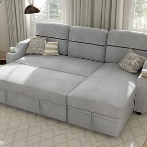 Ucloveria Sectional Sofa Couch, 82" Sleeper Sofa Bed with Reversible Storage Chaise Pull Out Couch Bed for Living Room L-Shape Lounge 2 in 1 Futon Sofa with Two Cup Holder, Grey