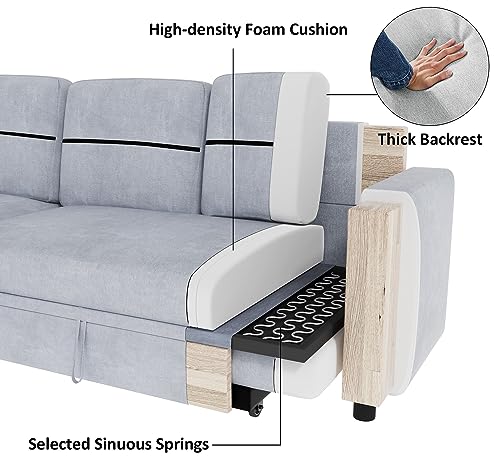 Ucloveria Sectional Sofa Couch, 82" Sleeper Sofa Bed with Reversible Storage Chaise Pull Out Couch Bed for Living Room L-Shape Lounge 2 in 1 Futon Sofa with Two Cup Holder, Grey