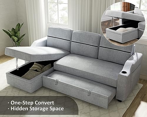 Ucloveria Sectional Sofa Couch, 82" Sleeper Sofa Bed with Reversible Storage Chaise Pull Out Couch Bed for Living Room L-Shape Lounge 2 in 1 Futon Sofa with Two Cup Holder, Grey