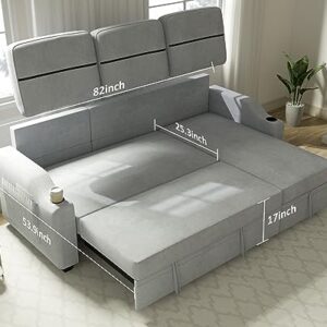 Ucloveria Sectional Sofa Couch, 82" Sleeper Sofa Bed with Reversible Storage Chaise Pull Out Couch Bed for Living Room L-Shape Lounge 2 in 1 Futon Sofa with Two Cup Holder, Grey