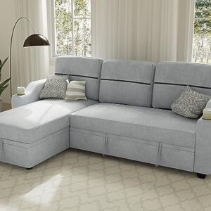 Ucloveria Sectional Sofa Couch, 82" Sleeper Sofa Bed with Reversible Storage Chaise Pull Out Couch Bed for Living Room L-Shape Lounge 2 in 1 Futon Sofa with Two Cup Holder, Grey