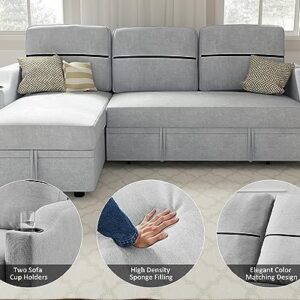 Ucloveria Sectional Sofa Couch, 82" Sleeper Sofa Bed with Reversible Storage Chaise Pull Out Couch Bed for Living Room L-Shape Lounge 2 in 1 Futon Sofa with Two Cup Holder, Grey