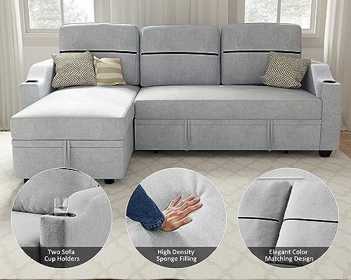 Ucloveria Sectional Sofa Couch, 82" Sleeper Sofa Bed with Reversible Storage Chaise Pull Out Couch Bed for Living Room L-Shape Lounge 2 in 1 Futon Sofa with Two Cup Holder, Grey