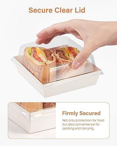 Kootek 50 Pack Paper Charcuterie Boxes with Clear Lids, 5.7 Inches Disposable Individual Food Containers Dessert Bakery Box for Sandwich, Slice Cake, Cookies, Hot Cocoa Bombs, Strawberries
