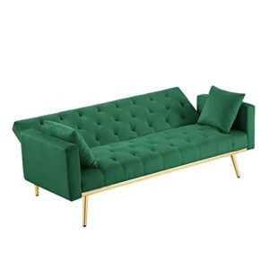 P PURLOVE Convertible Folding Futon Sofa Bed for Living Room, Velvet Sofa Bed with Armrest and 2 Pillows, Sleeper Sofa Couch with Adjustable Back for Office, Bedroom, Green