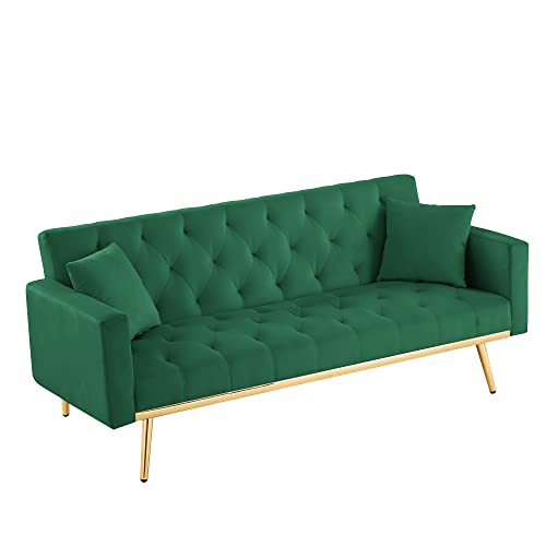 P PURLOVE Convertible Folding Futon Sofa Bed for Living Room, Velvet Sofa Bed with Armrest and 2 Pillows, Sleeper Sofa Couch with Adjustable Back for Office, Bedroom, Green