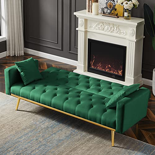 P PURLOVE Convertible Folding Futon Sofa Bed for Living Room, Velvet Sofa Bed with Armrest and 2 Pillows, Sleeper Sofa Couch with Adjustable Back for Office, Bedroom, Green