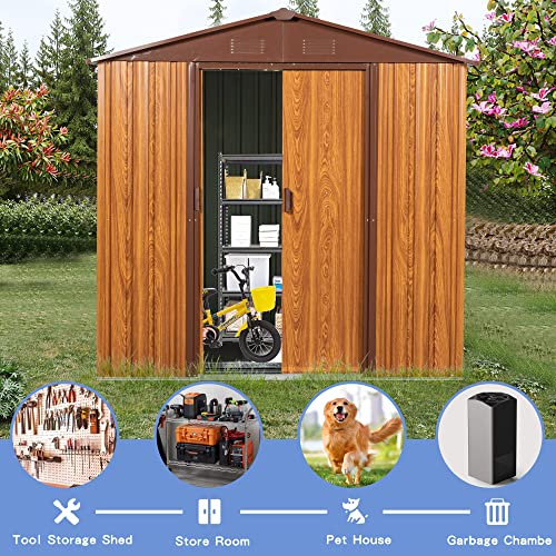 Royard Oaktree 6x5 FT Outdoor Storage Shed Woodgrain Metal Garden Shed w/Air Vent & Sliding Door Waterproof Patio Tools Shed Storage House for Backyard Lawn