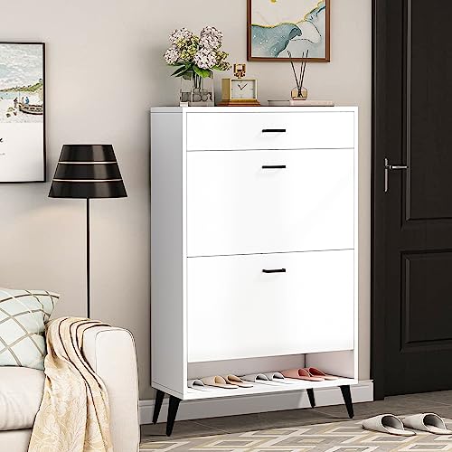 UZUGUL Shoe Cabinet for Entryway,Slim Shoe Storage Cabinet with 2 Flip Drawers and a Top Storage Drawer, Freestanding Shoe Rack Cabinet Storage Organizer with Adjustable Shelf for Entryway