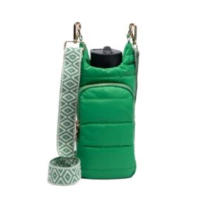 wanderfull crossbody hydrobag - water bottle holder - quilted bottle bag - water bottle carrier with strap - stylish puffer tote for water bottle (green with patterned strap)