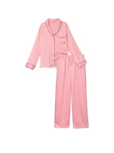 victoria's secret silky satin two piece long pajama set, satin fabric, unlined, women's pajamas, pink (m)